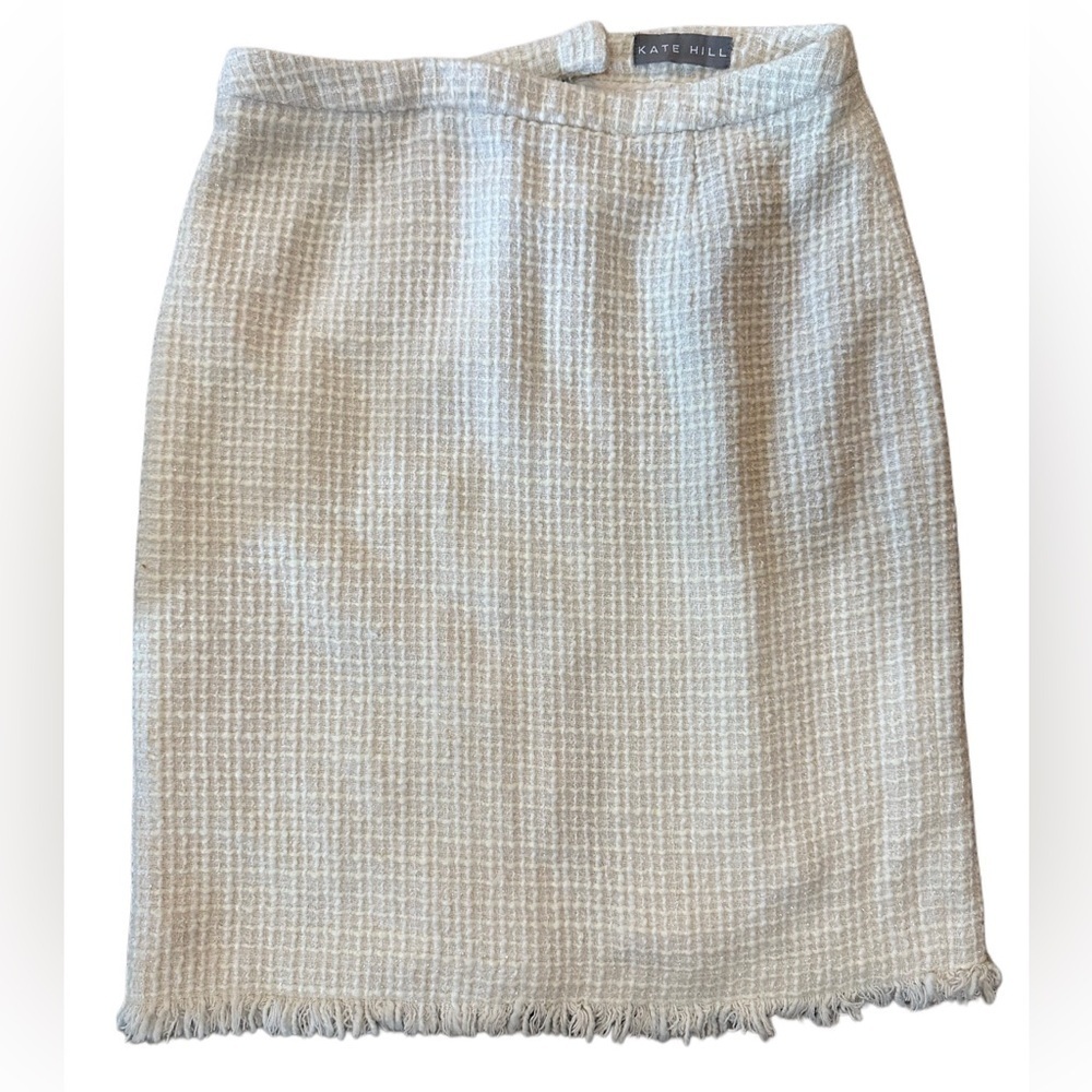 Kate Hill Beige and White Pencil Skirt Knee-Length with Fringe and Sparkles